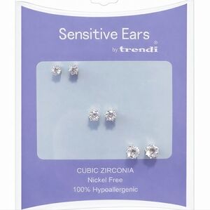 CZ Stud Earrings Set | Sensitive Ears | Nickel Free | 3 Pair